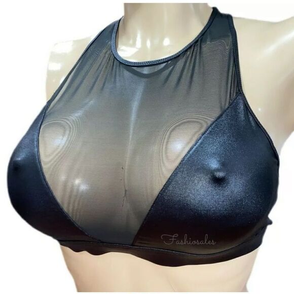 Victoria’s Secret Wet Look & Sexy Sheer Mesh shiny Unlined Sport bra Black Large - Picture 1 of 3